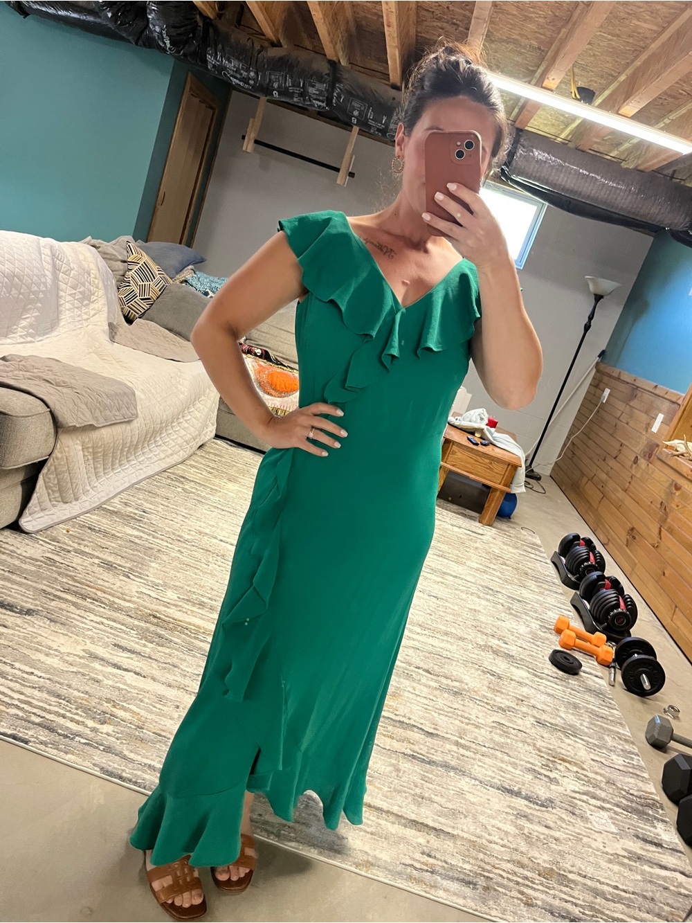 London Times Teal-Green Ruffle V-Neck Midi Dress